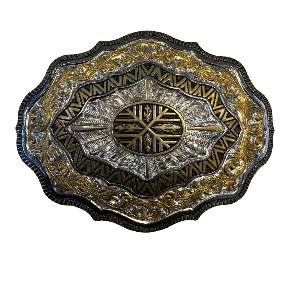 Vintage Crumrine Ornate Heavy Silver Plate on Jeweler Bronze‎ Belt Buckle